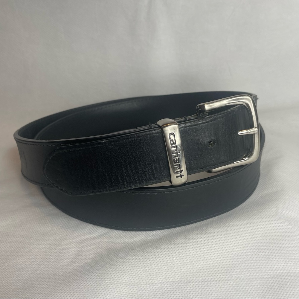 Carhartt Rugged Belt Mens Size 48 Black Silver Genuine Leather Work Dress Adjust
